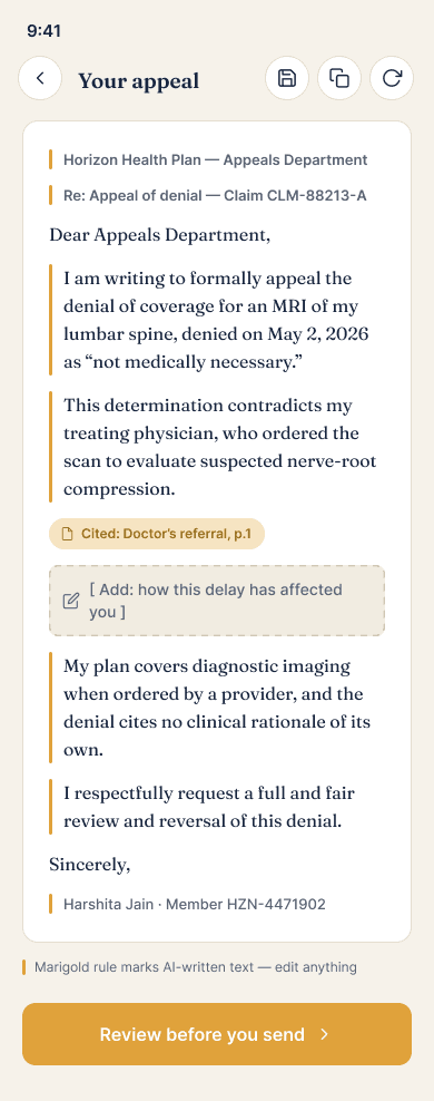 The Draft — the appeal in your name, AI-authored runs marked, leverage points pinned to your evidence.