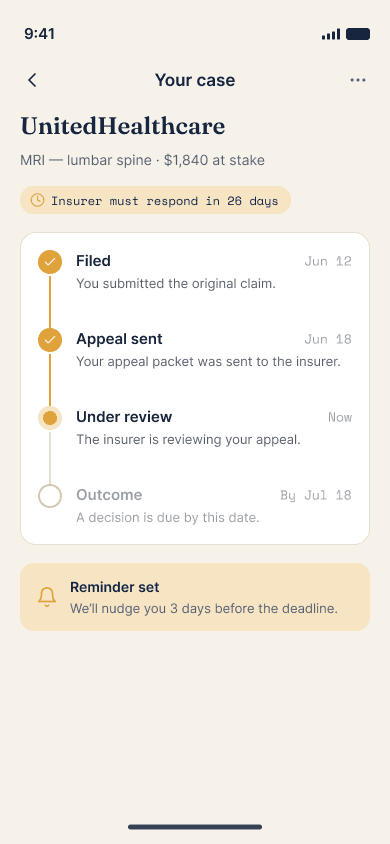 The case timeline — filed, sent, under review, outcome — so you always know what happens next.