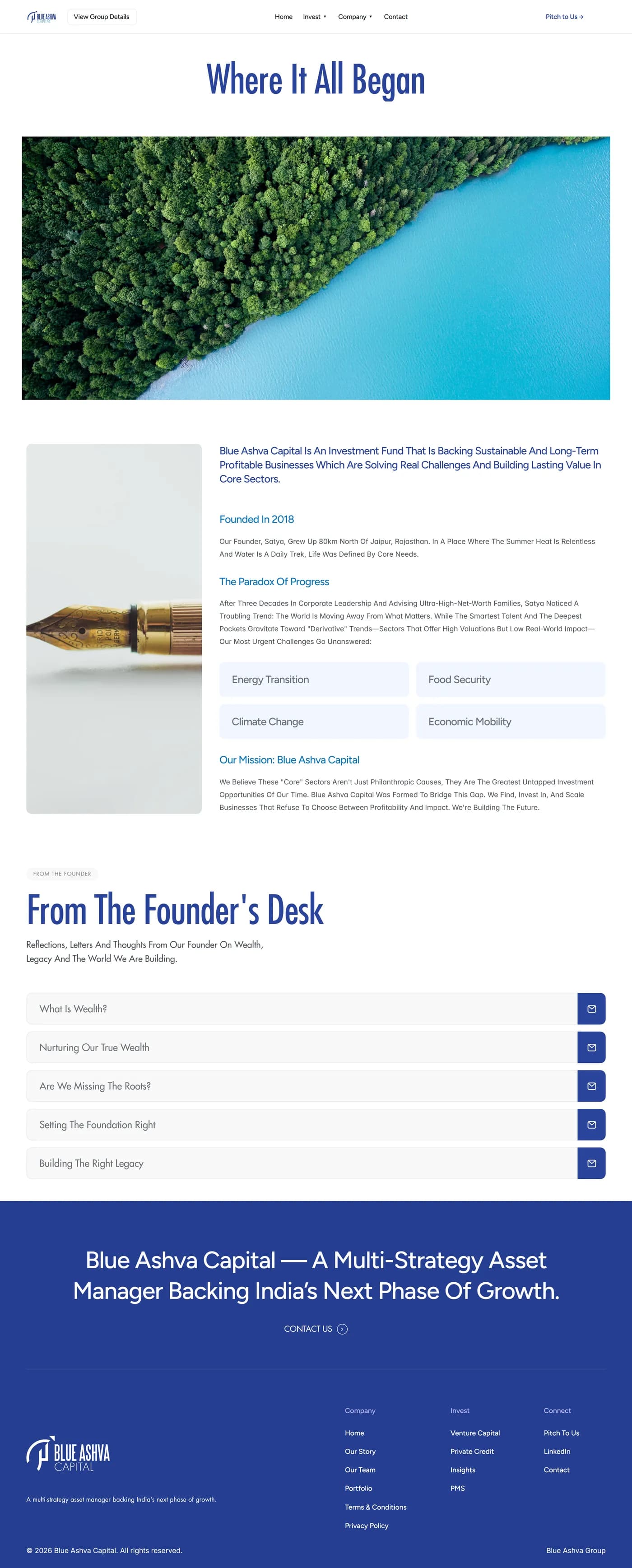 Our Story. The founder's account divided into named sections, followed by the letters from the founder.