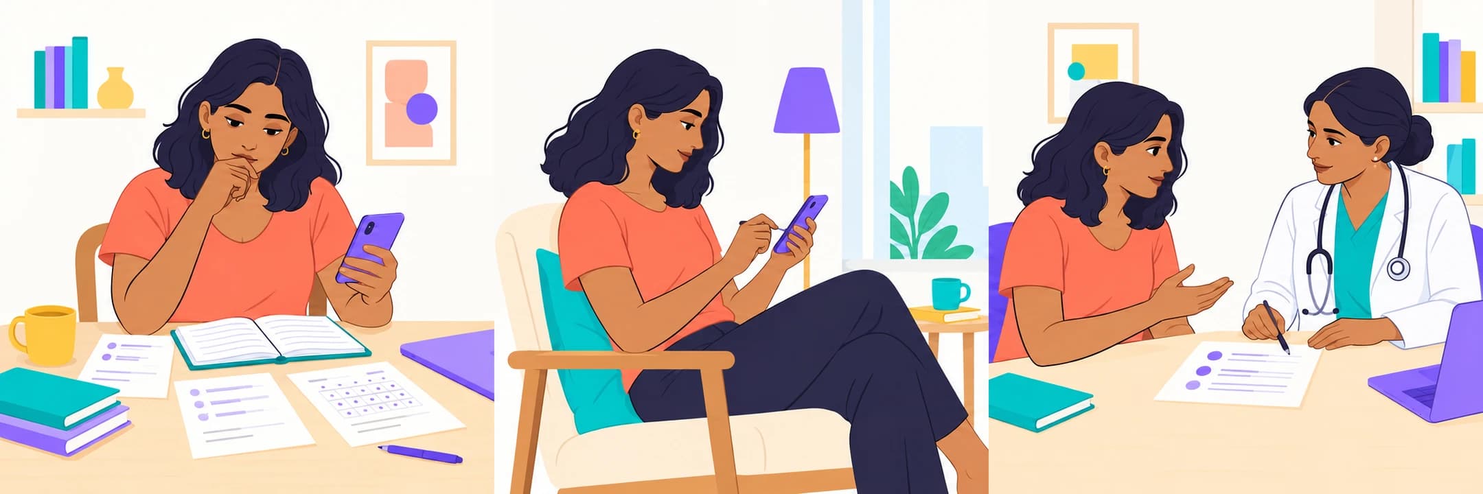 A woman gathering phone notes, calendar dates and paper reports