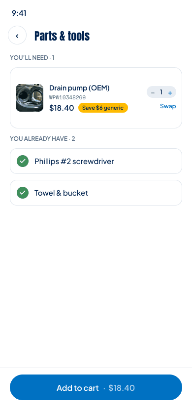 Parts & tools turned into an orderable, have-it / need-it checklist.