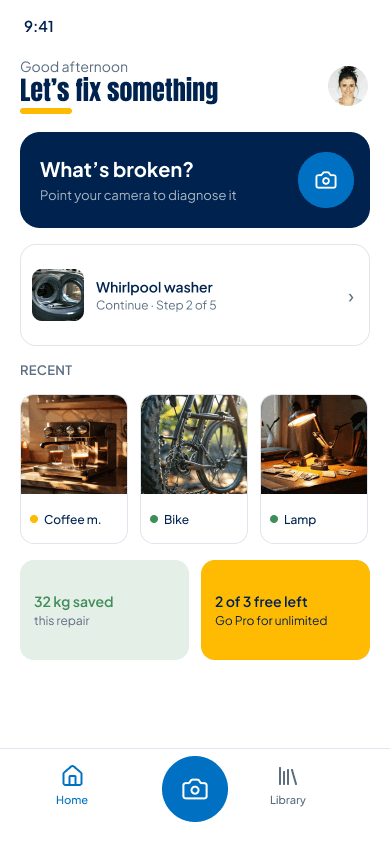 Fixit home screen from the AI-generated first version