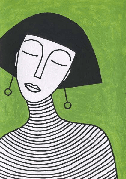 A painted portrait, black hair and a striped top on green