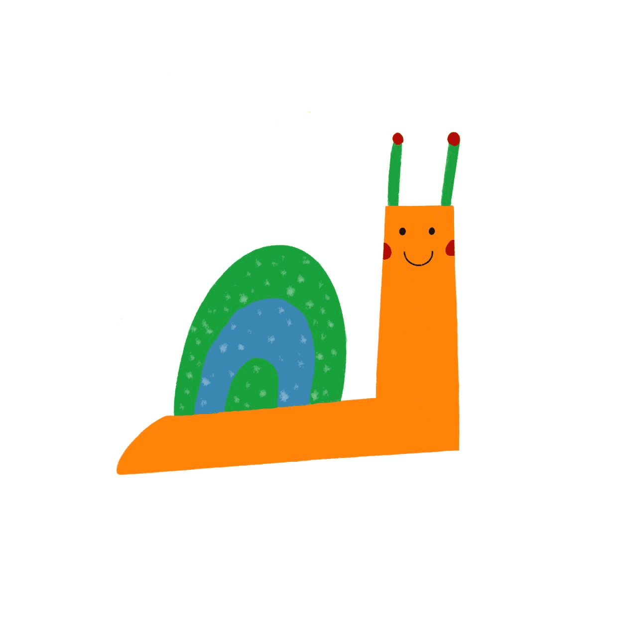 An orange snail with a green and blue shell
