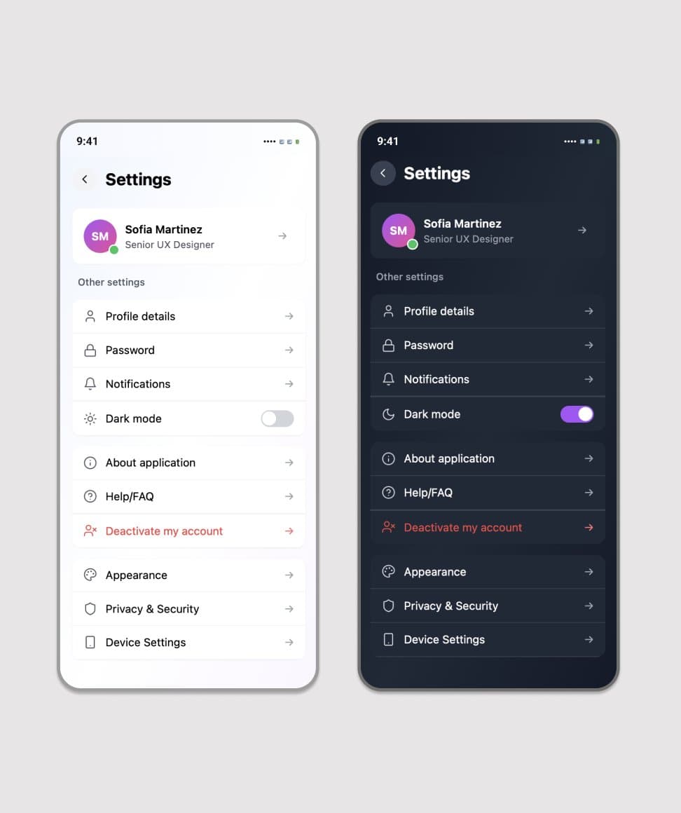 Settings, light and dark