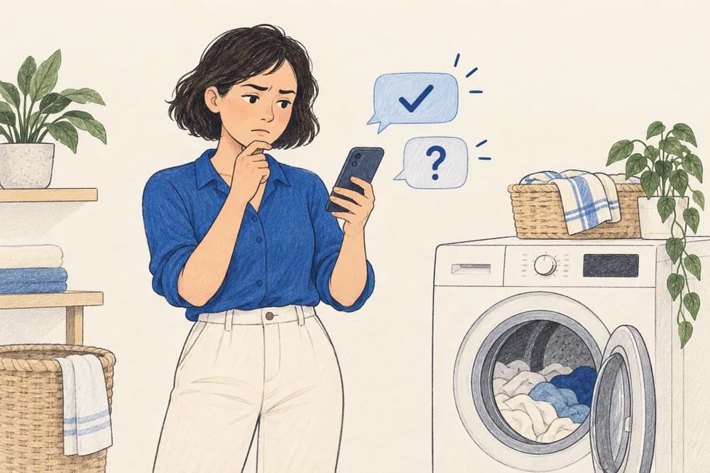 A person questions conflicting advice on a phone beside the broken appliance.