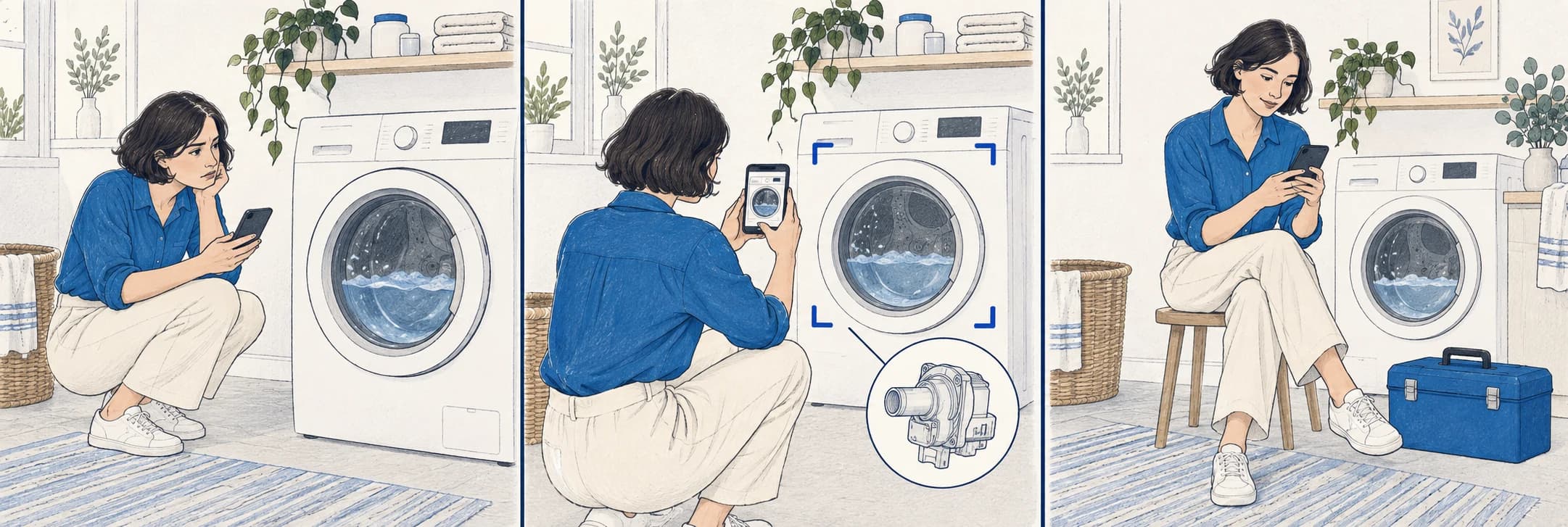 Illustrated repair journey: a person encounters a broken washing machine, photographs the fault, and reviews guidance before attempting a repair.