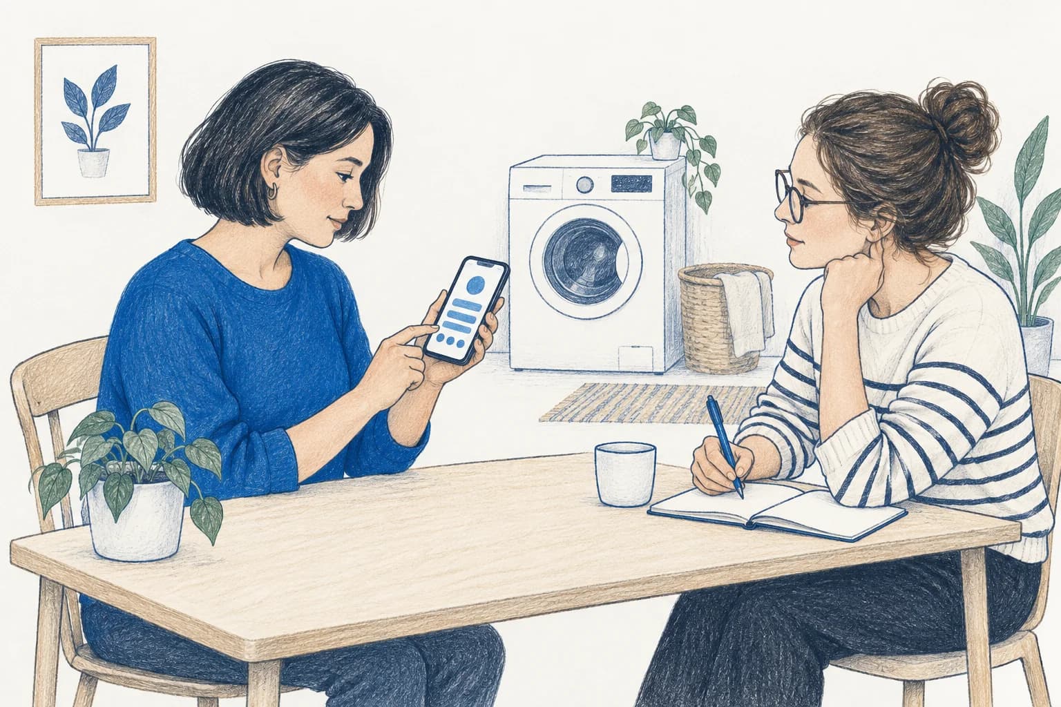 Concept illustration of a participant reviewing a repair app on a phone while a researcher records observations.