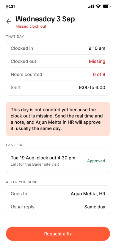 Day detail, missed punch screen