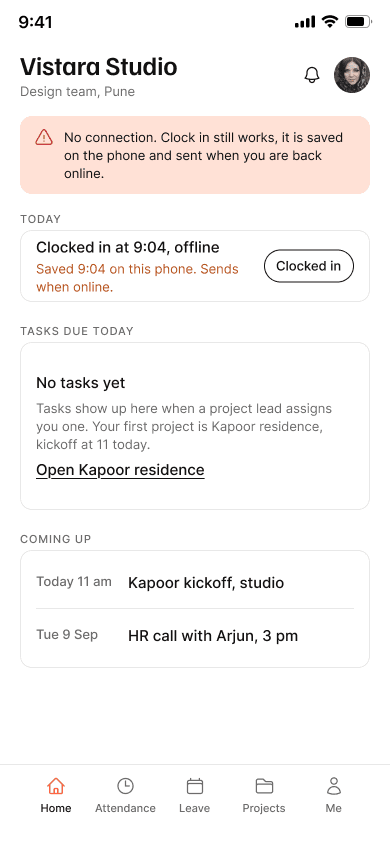 Staff home with no connection, the clock in saved on the phone