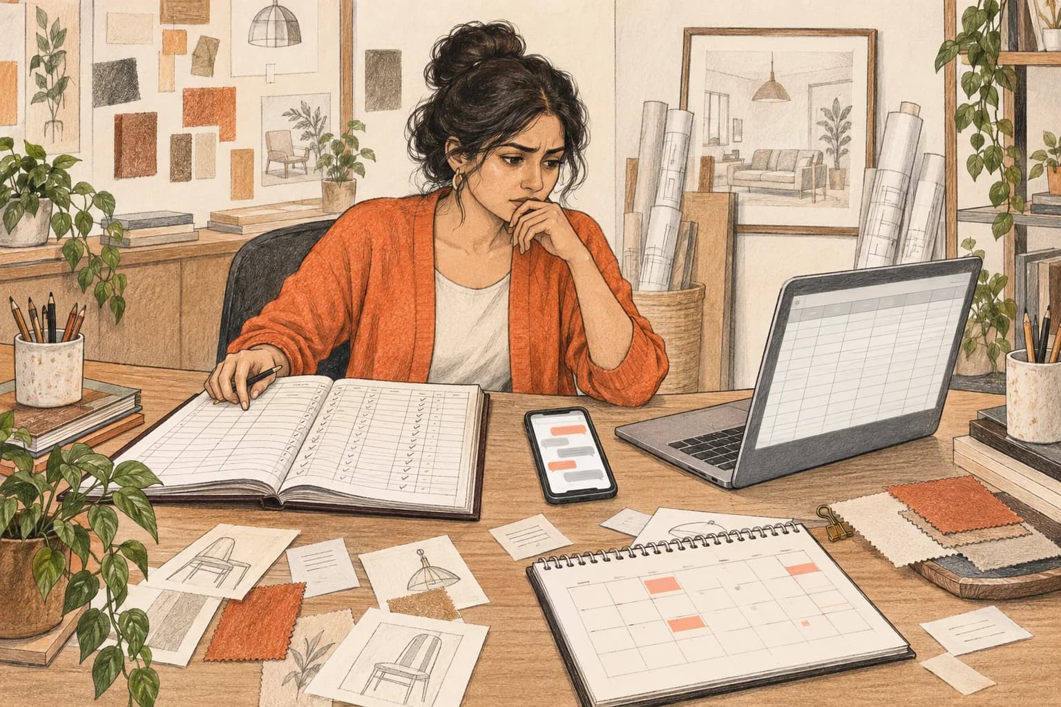 An HR coordinator comparing paper attendance records at a studio desk